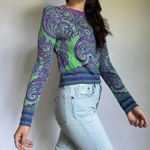 Free People Purple and Green Paisley Long Sleeve Top